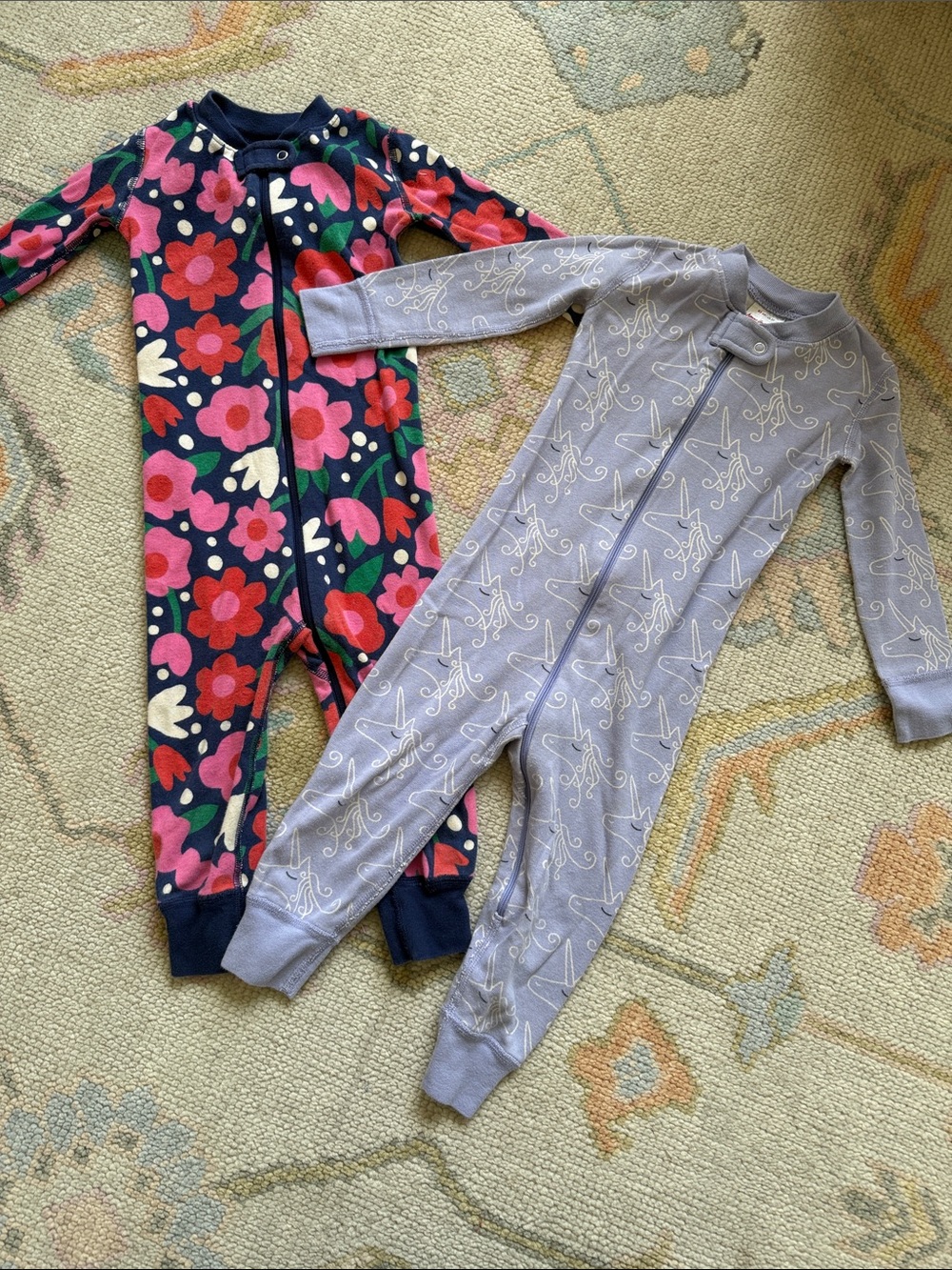 Hanna Andersson Navy Floral & Light Purple Unicorn One-Piece Footies 2T VGUC